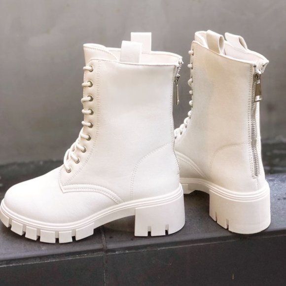NEW Laced Up Lug Sole Zipper Back Faux Leather Combat Boots Booties Stone Ivory - Picture 6 of 10